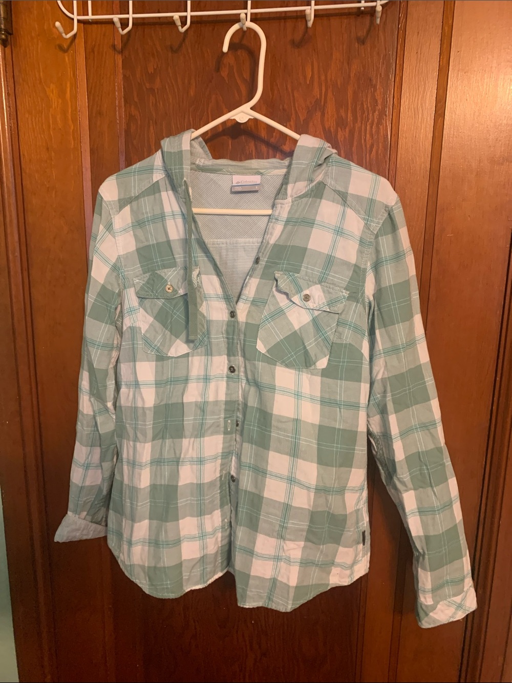 Columbia Mint Green and White Plaid Hooded Button-Down Shirt